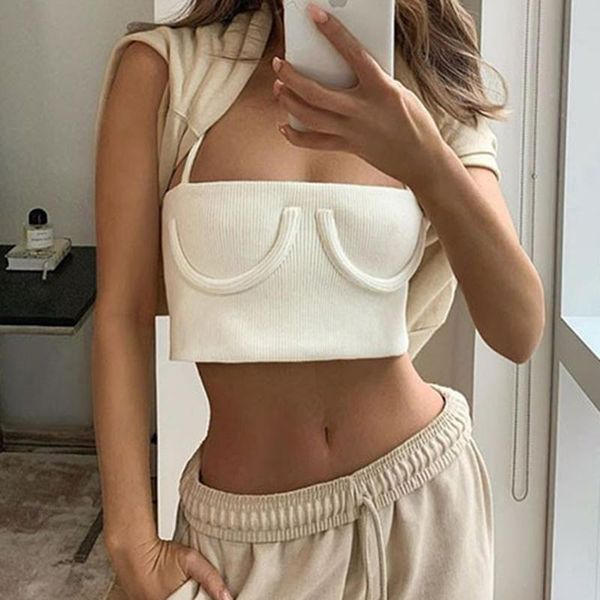 

women's tanks & camis 2021 summer solid color vest semicircle decorative short tube strap club women tank knit inside, White