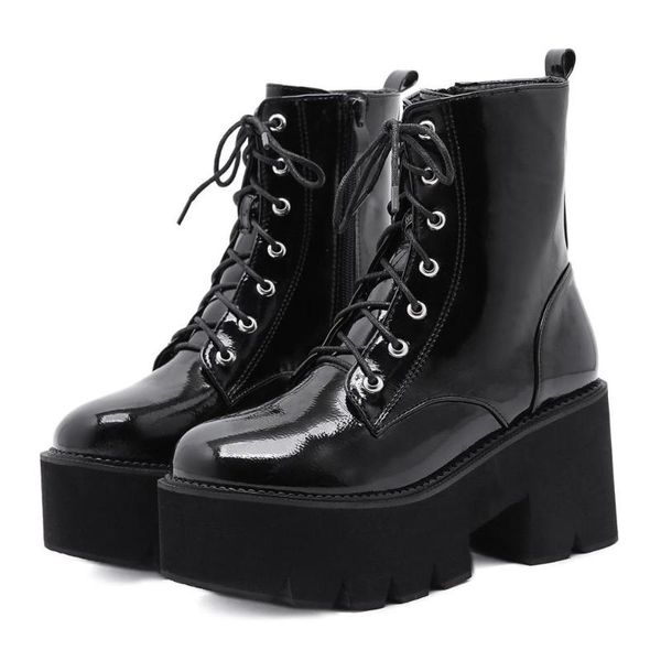 

boots fanan women's chunky goth platform black patent leather ankle booties for women lace up zip motorcycle riding