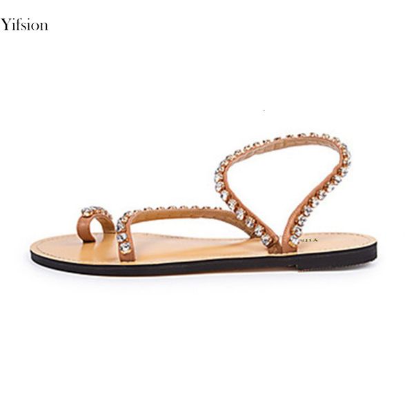 

sandals women's loom gladiator sandals flat charm with rhinestones and stylish toe-open brown beach shoes eua plus size 3-12 8aad, Black