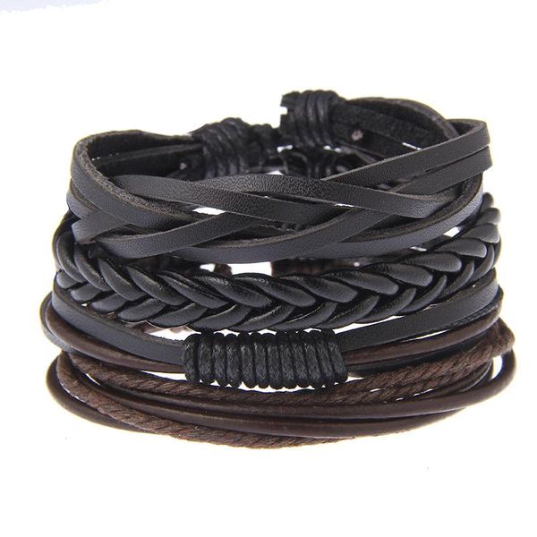 

tennis selling casual punk black multilayer genuine leather bracelet homme hand weave friendship mens bracelets 2021 1sets/4pcs, Golden;silver