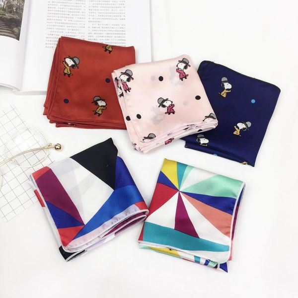 

scarves summer fashion vintage square silk feel satin scarf multi-color skinny elegant print head neck hair tie band for women fj052, Blue;gray