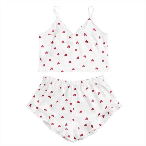 

lingerie love heart womens sleepwears print camisole with satin shorts pajama ruffled flounce set summer sleeveless sleepwear underwear, Black;red