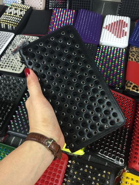 

men women wallets style panelled spiked clutch bags patent leather mixed color rivets party clutches lady long purses with spikes for mens, Red;black