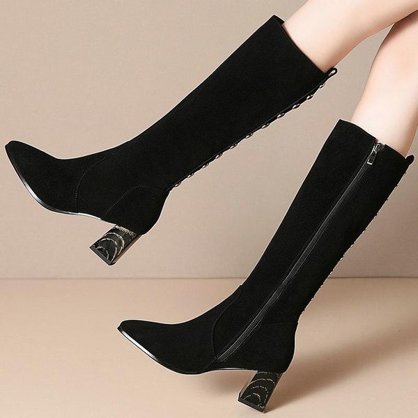 

boots elegant slim long shoes woman autumn winter side zipper high heels for women party office lady knee, Black