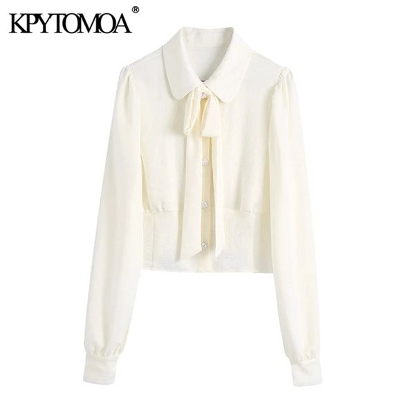 

women fashion with bow cropped blouses vintage lantern sleeve bejewelled buttons female shirts chic 210420, White