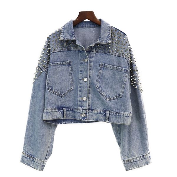 

women's short cropped denim blue jacket button long sleeves jean turn down collar pocket rivet c0023 210514, Black;brown