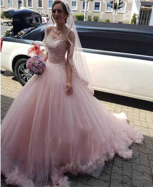 Allık pembe balo elbisesi gelinlik dantel aplike tatlım yaka yakı süpürme treni özel yapım boncuklu vestido de novia