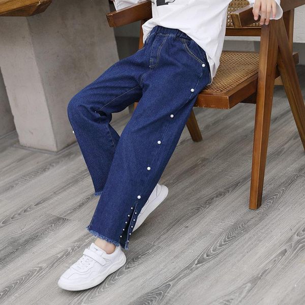 

girls jeans pearls wide korean leg pants version high waist loose 2021 spring winter clothing teenagers, Blue