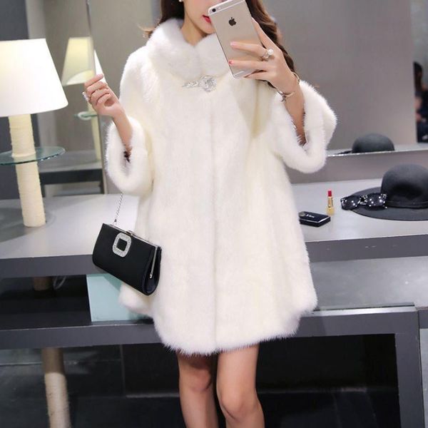 

women's wool & blends imitate mink velvet overcoat coat loose women nine points sleeve collar cardigan all-match thicken soft warm coat, Black