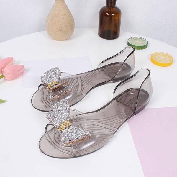 

women crystal bowtie transparant flat sandals woman jelly shoes slip on summer bling platform female fashion, Black