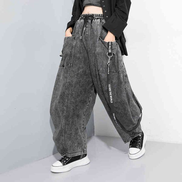

women's jeans [eam] wide leg black big size ribbon stitch high waist loose women trousers fashion spring autumn 2022 1d202 6ov8, Blue