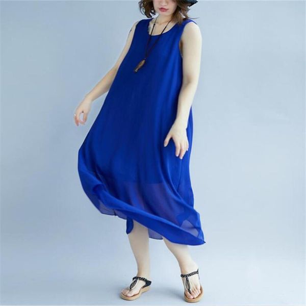 

plus size dresses 2021 women summer chiffon tank long dress solid casual loose slim beach party vestido l-7xl black red blue