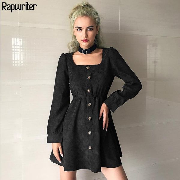 

casual dresses rapwriter vintage square collar corduroy black elegant dress women fad fit waist long sleeve short woman party night, Black;gray