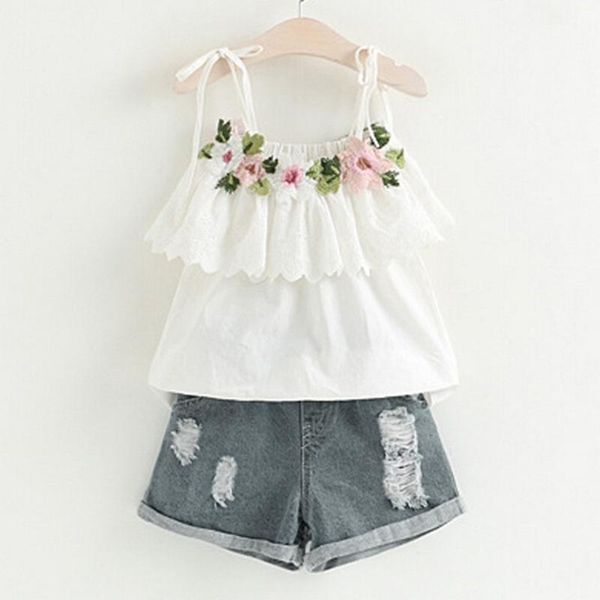 

girls clothes set toddler kids baby girl outfits summer sleeveless embroidery t-shirt+denim shorts jeans children clothing sets, White