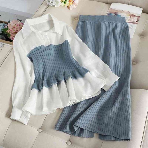 

spring autumn knitted two-piece suit women blouse patchwork pullover knitwear split slim knit mid skirt women elegant suits, Gray