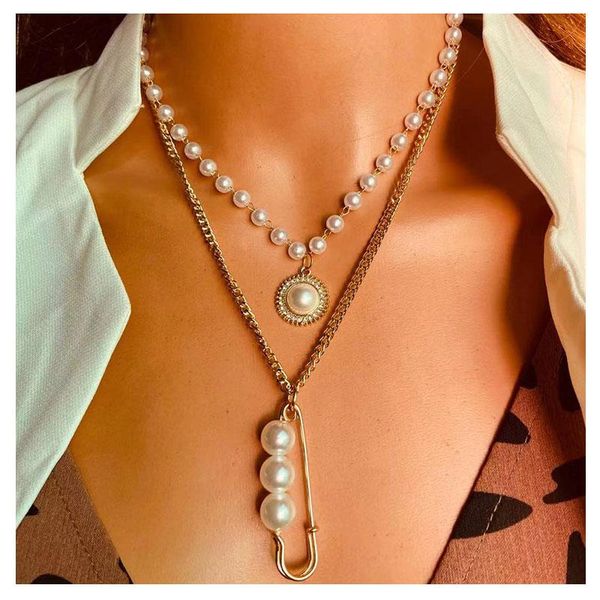 

pendant necklaces hahagirl simple gold color pearl for women statement metal chain necklace 2021 hip hop fashion party jewelry, Silver