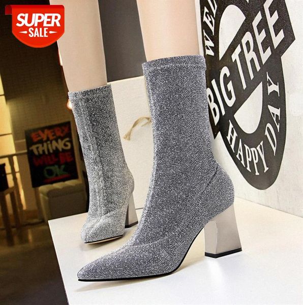 

336-2 european and american style slim nightclub short-tube female boots thick-heeled high-heeled pointed sequin cloth shiny shor #ue4v