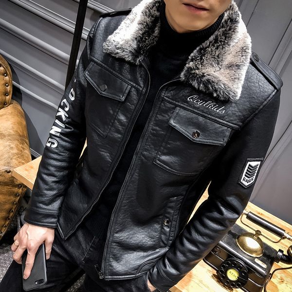 

men's leather & faux winter jacket leather of the fake casual male plutonium engine spring solid skin coat from vintage iuem, Black