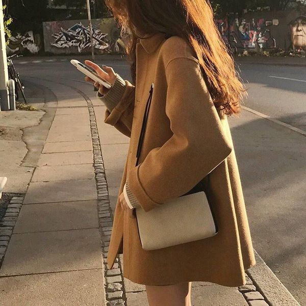 

women's wool & blends coat autumn woolen single-breasted female mid-long korean temperament women outerwear streetwear, Black