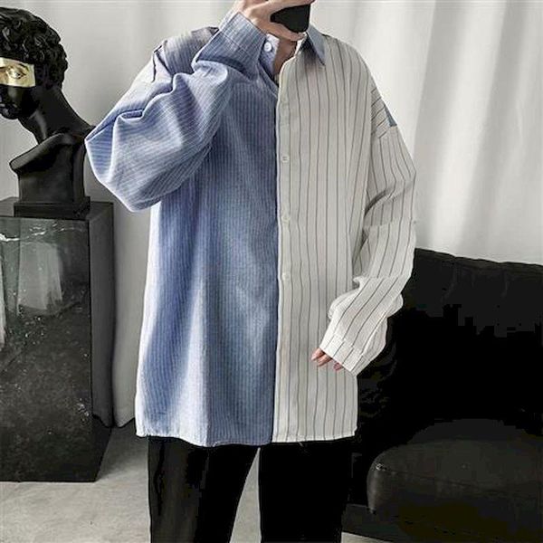 

men's casual shirts shirt striped stitch long-sleeved blouse spring autumn loose oversize all-match korean gothic harajuku male clothes, White;black