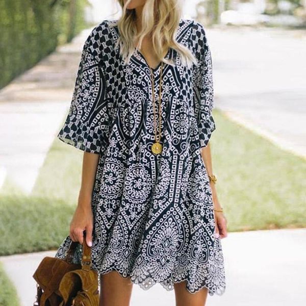 

women's swimwear fashion trend v-neck loose dress summer cool half sleeve printed mini holiday travel beach, White;black