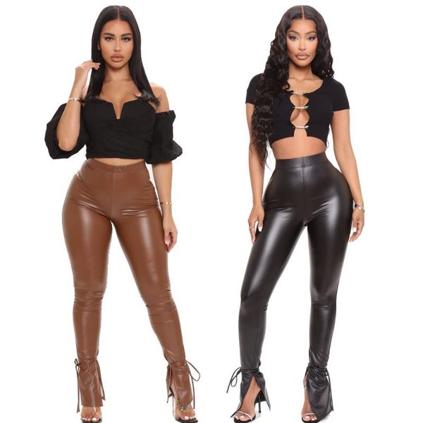 

women's pants & capris autumn fashion tight-fitting high waist elastic micro horn side slit pu leather sheath black ladies trouser, Black;white