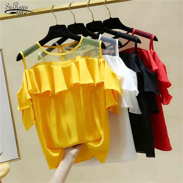 

summer sleeveless women blouses casual chiffon mesh shirts ruffles o neck clothing 14615 210518, White