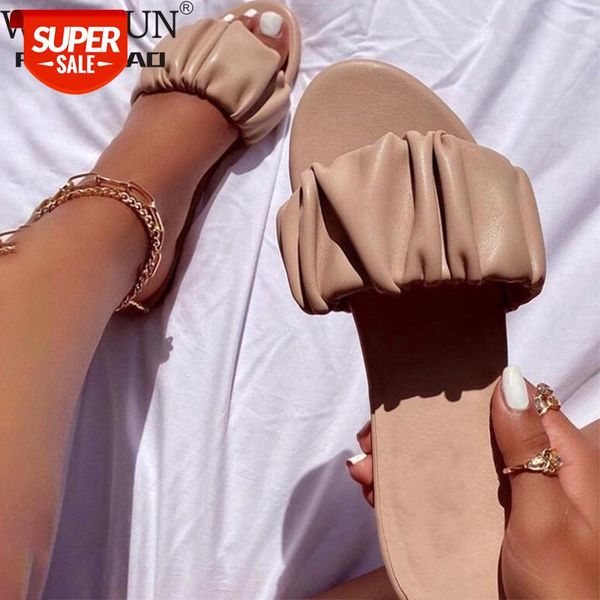 

Women Flat Slippers Ladies Slip on PU Leather Beach Shoes Woman Summer Casual Pleated Slipper Female Fashion Footwear 2021 Hot #Gn0Y, Black