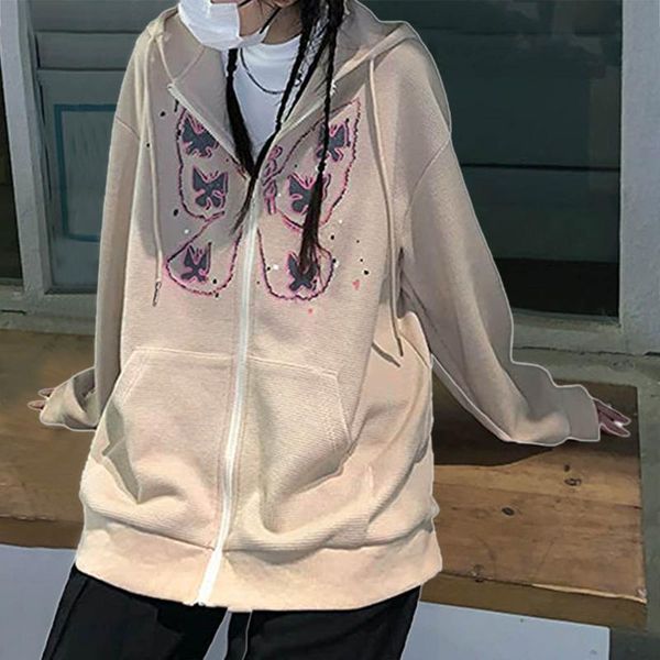 

women's hoodies & sweatshirts butterfly pattern zipper up casual loose 90s autumn y2k fashion long sleeve grey oversize for women, Black