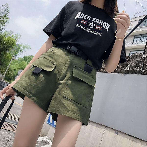 

women's shorts korea ins summer bf loose pocket vintage big size high waist casual cargo shorts women button solid color ulzzang short, White;black