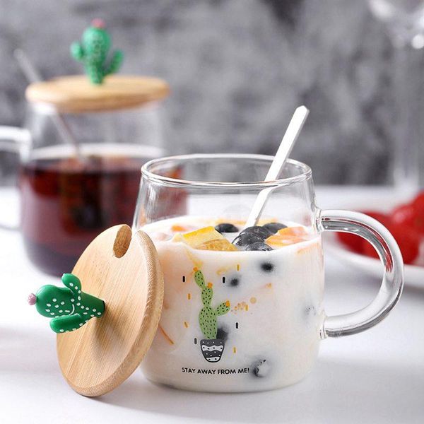 

glass water cup with lid spoon home cute milk juice milkshake ccup- wine glasses