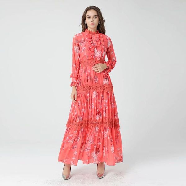 

long dress runway bohemian 2021 spring women elegant chic party fashion lace print chiffon dresses casual, Black;gray