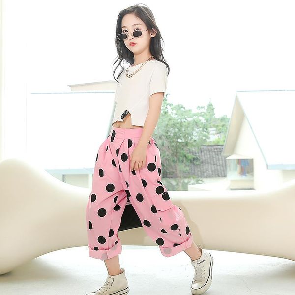 

clothing sets western girls clothes summer set t shirt loose dots printing pocket cargo pants wide-leg casual trousers hip hop kids girl sui, White