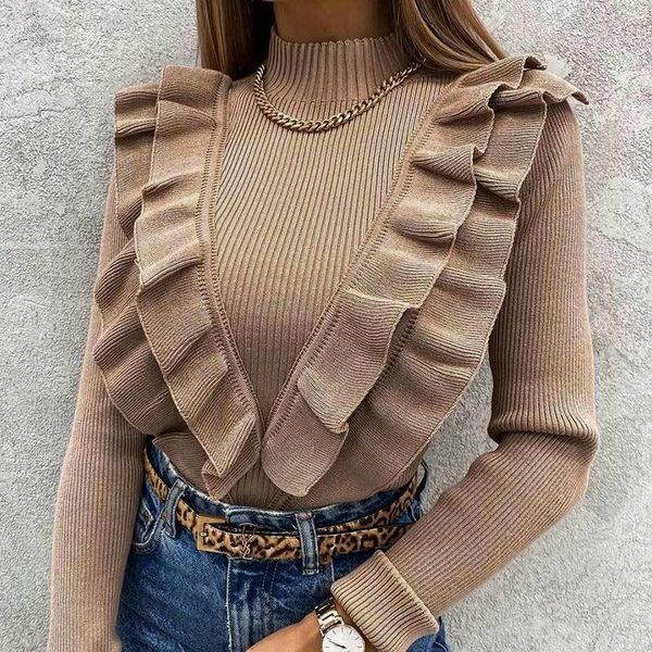 

women's sweaters mock neck ruffles knitted sweater long sleeve solid coffee slim elegant office lady pullover 2021 spring fashion top, White;black