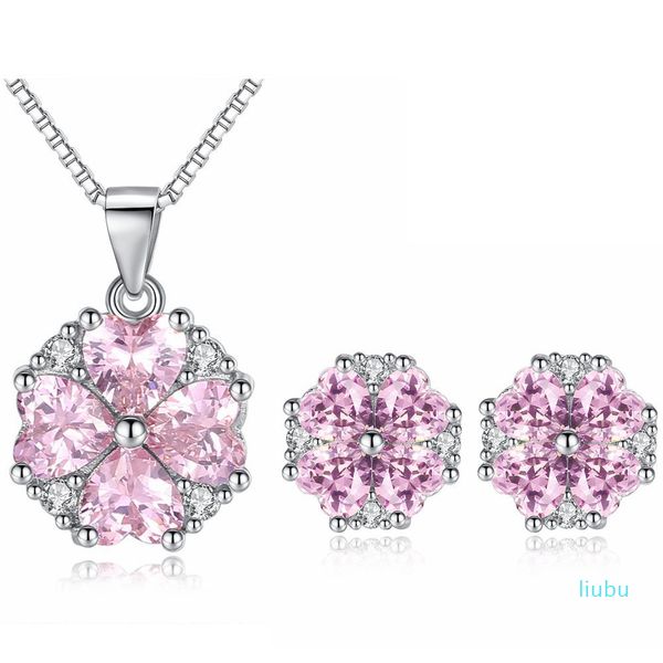 Pink cubic zirconia orecchini orecchini collana set di gioielli per le donne cuore feste di nozze regalo corea accessori alla moda non allergici