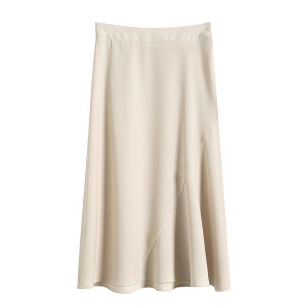 

beige solid chiffon midi skirt empire high street summer a line s0081 210514, Black
