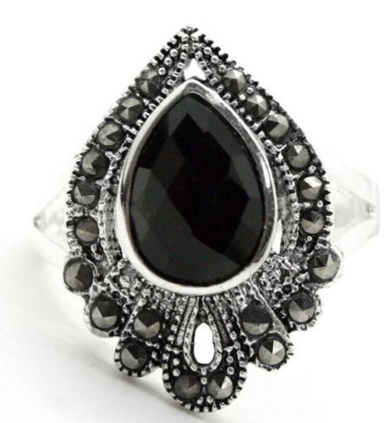 

cluster rings fashion jewelry natural drop black agates marcasite 925 sterling silver ring size 7/8/9/10, Golden;silver