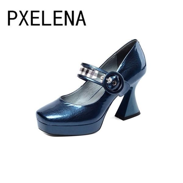 

dress shoes pxelena pumps women genuine leather mary janes punk gothic rock square toe strange high heel party plus size 34-43, Black