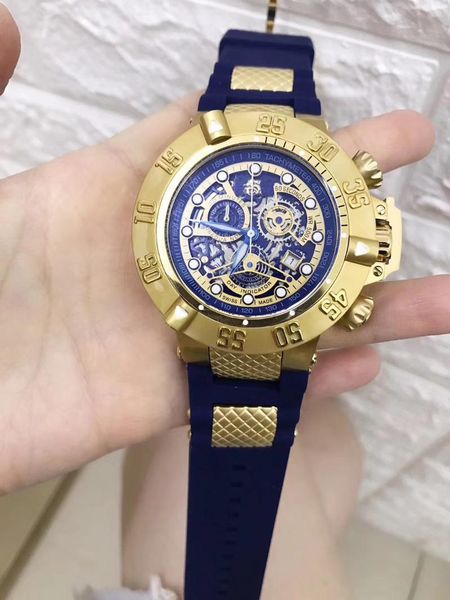 

classic chronograph men satch sapphire crystal 18k gold stainless steel black blue rubber limited sport watch + wristwatches, Slivery;brown