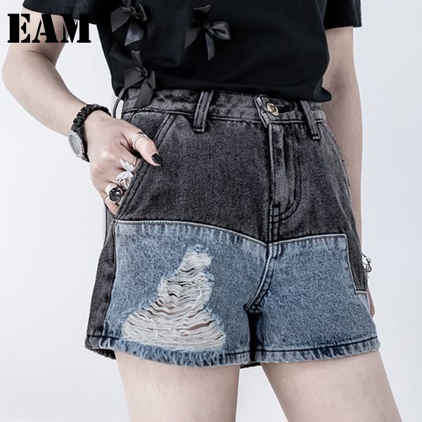 

[eam] high waist wide leg black denim spliced burrs hole jeans loose women trousers fashion spring summer 1dd7543 210512, Blue