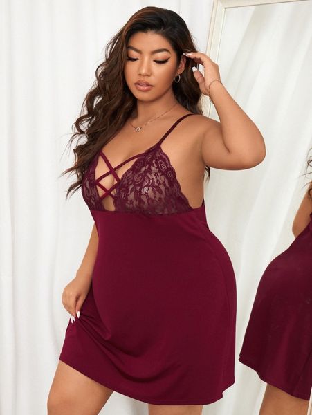 

plus contrast lace criss cross cami nightdress n7an#, Black;white