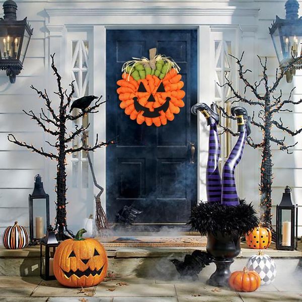 

decorative flowers & wreaths halloween pumpkin wreath burlaps jack-o-lantern ghost-face door hanger home outdoor garden decoration ornaments