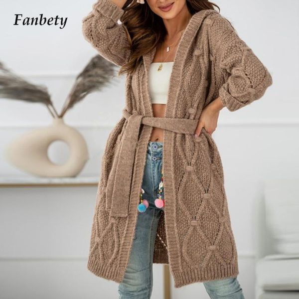 

women's knits & tees autumn fashion loose hooded cardigan office lady casual solid belted sweater coat winter elegant women knitted, White