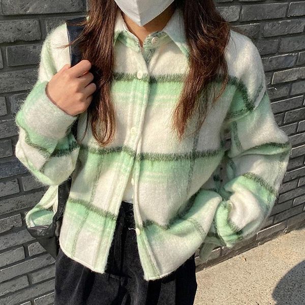 

women's wool & blends [ewq] korea chic autumn winter lapel single breasted loose long sleeve green plaid woolen coat women tide 2021 16, Black