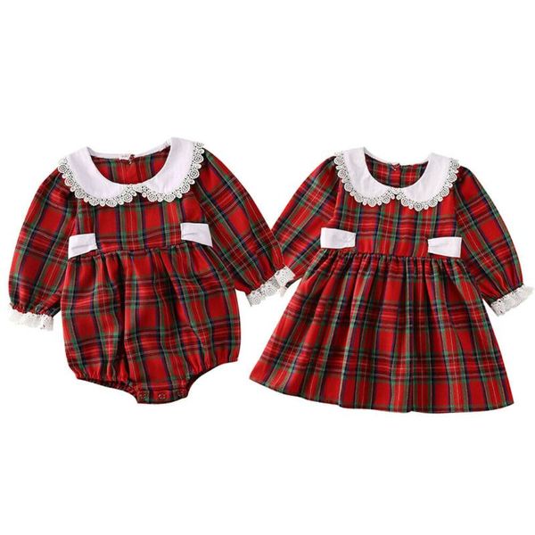 Conjuntos de roupas Little Big Sister Roupa Vestido e Jumpsuit Boneca Collar Lace Trim Manga Longa Xadrez Vermelho Impresso Romper Jumpsuit / Dress