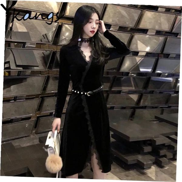

casual dresses vintage gothic lace splicing vestidos elegant slim v-neck long sleeve slit dress spring autumn korean black women clothi, Black;gray