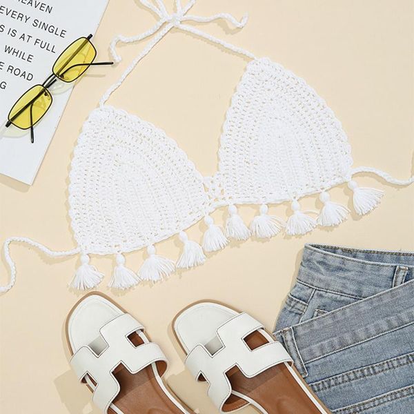 

women push up tassel bikini boho beach swimwear crochet fringe bra halter camisoles tank swimsuit brazilian #3g two-piece suits
