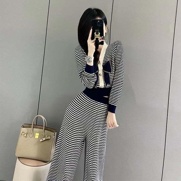 

women's two piece pants luxury knitted suit women autumn patchwork bow-knot v-neck short cardigan + wide leg temperament set female, White