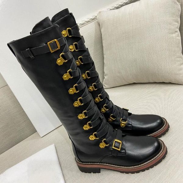 

boots knee high woman metallic buckle shoes platform botas mujer lace up zapatos de 2021 chunky heels ladies pumps, Black