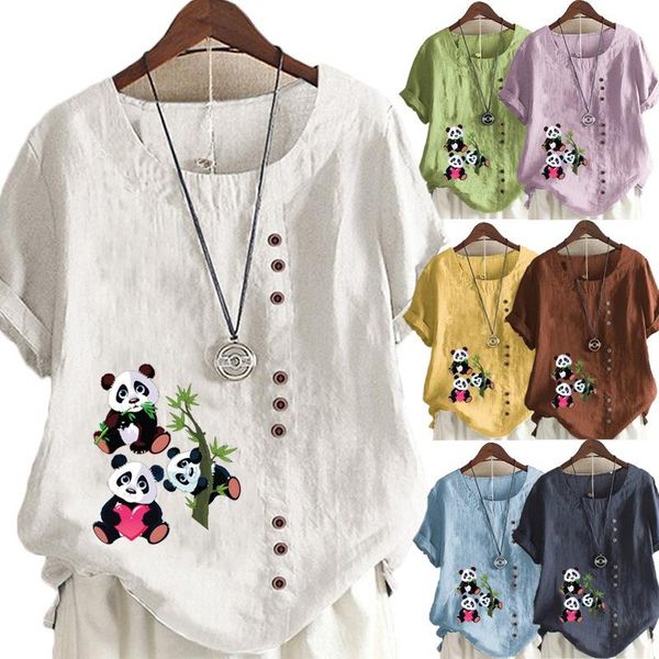 

women's t-shirt summer fashion panda print round neck short-sleeved casual loose solid color shirt plus size, White